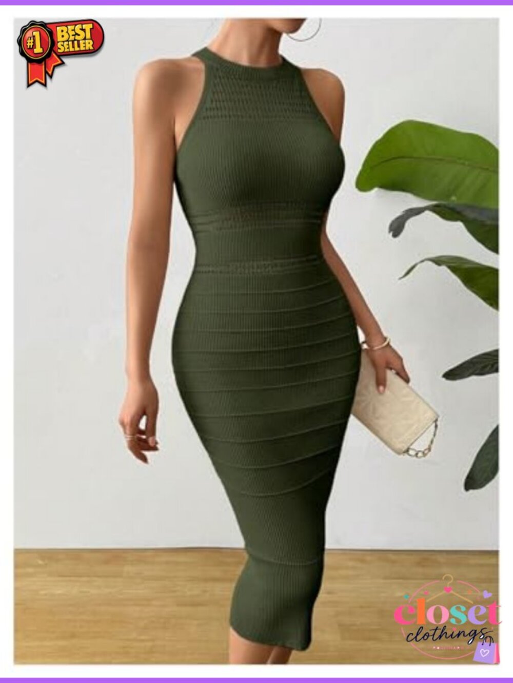 Sleeveless Knit Sweater Dress Halter Neck Bodycon Midi Wedding Guest - Picture 5 of 5